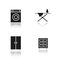 Furniture drop shadow black icons set. Washing machine, dresser, wardrobe and ironing board. Isolated vector illustrations