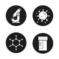 Chemical laboratory items black icons set. Microscope and medical tests jar. Virus and molecule structure. Vector white silhouettes illustrations in circles