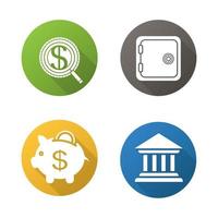 Banking and finance flat design long shadow icons set. Investment search, safe deposit box, piggybank and bank building. Vector symbols