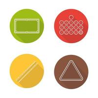 Billiard flat linear long shadow icons set. Billiard balls, table, cues and ball rack. Vector