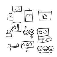conjunto dibujado a mano de iconos de retroalimentación, investigación, comentario, revisión, cliente, encuesta, en vector de estilo doodle aislado