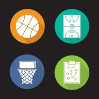 Conjunto de iconos de larga sombra de diseño plano de baloncesto. Plan de juego de canasta, campo, pelota y portapapeles de baloncesto. símbolos vectoriales vector