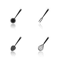 Kitchenware drop shadow black icons set. Ladle, carving fork, skimmer and whisk. Isolated vector illustrations