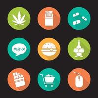 Bad habits flat design long shadow icons set. Smoking, drugs, computers, food, swearing, shopping, alcohol addictions. Marijuana, cigarettes, pills, burger, chocolate, computer mouse. Vector symbols