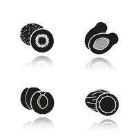 Fruit drop shadow black icons set. Halved kiwifruit, cutted papaya, sliced apricot and opencoconut. Isolated vector illustrations