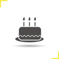 Birthday cake icon. Drop shadow cake with candles silhouette symbol. Holiday cake. Vector isolated illustration