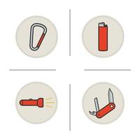 Camping equipment color icons set. Carabiner, lighter, pocket knife and flashlight. Tourists's tools. Vector isolated illustrations