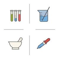 Chemical lab equipment color icons set. Test tubes, mortar and pestle, beaker with rod and pipette. Vector isolated illustrations