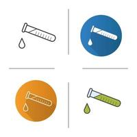 Chemical experiment icon. Flat design, linear and color styles. Laboratory test tube with drop. Beaker isolated vector illustrations