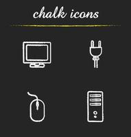 Computer icons set. PC monitor, power socket plug, computer mouse and system unit illustrations. Isolated vector chalkboard drawings