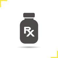 Drugs prescription icon. Drop shadow silhouette symbol. Medicine bottle vector isolated illustration