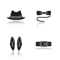 Men's accessories drop shadow black icons set. Homburg hat, butterfly tie, classic shoes and leather belt. Isolated vector illustrations