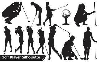 Colección de siluetas femeninas de jugador de golf en diferentes poses vector