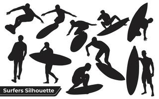 colección de surfistas mar siluetas en diferentes poses vector