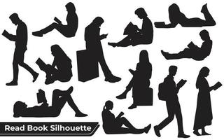 Collection of read book silhouettes in different poses vector