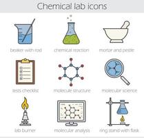 Chemical lab color icons set. Beaker with rod, chemical reaction, mortar and pestle. Tests checklist, molecule structure, lab burner, molecular science, ring stand. Vector isolated illustrations