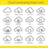 Cloud computing linear icons set. Mouse click, bookmarks and statistics symbols. Recharging, wi fi and upload signs. Thin line contour symbols. Isolated vector illustrations