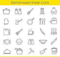 Kitchenware linear icons set. Kitchen tools and appliances thin line contour symbols. Household cooking utensil. Tea and coffee items. Restaurant chefs equipment. Isolated vector illustrations