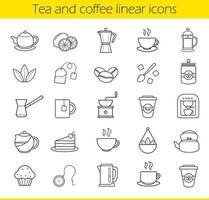 Tea and coffee linear icons set. Moka pot, espresso machine, steaming teacup, electric kettle, coffee to go paper cup, muffin, turkish cezve. Thin line contour symbols. Isolated vector illustrations