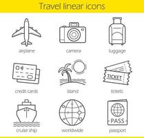 Travelling linear icons set. Airplane, camera, lugagge, credit cards, island, tickets, cruise ship, worldwide and passport symbols. Thin line. Isolated vector illustrations