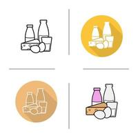 Dairy products icon. Flat design, linear and color styles. Bottle and glass of milk, cheese and eggs. Milk products isolated vector illustrations