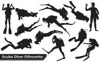 Collection of Scuba Diver silhouettes in different poses vector