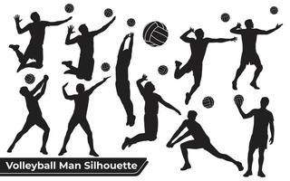 Colección de siluetas de hombre de jugador de voleibol en diferentes poses vector