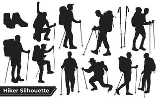 Collection of Hiker in mountains silhouettes in different poses vector