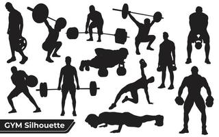 colección de siluetas de gimnasio o ejercicio en diferentes poses vector