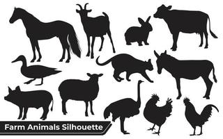 Colección de siluetas de animales de granja en diferentes posiciones.