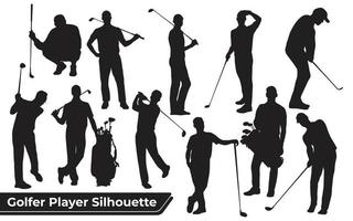 Colección de siluetas masculinas de jugadores de golf en diferentes poses vector