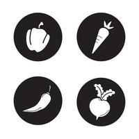 Vegetables black icons set. Bell pepper, carrot, chilli and beet. Vector white illustrations in circles