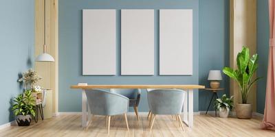 Mockup poster in modern dining room interior design with dark blue empty walls. photo