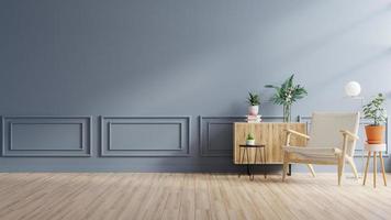 interior minimalista moderno con un sillón sobre fondo de pared azul vacía. foto