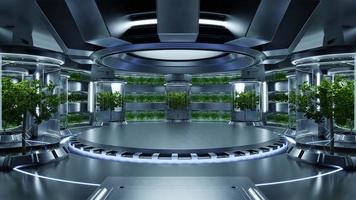 Sala de laboratorio de hidroponía en nave espacial con podio circular vacío. foto