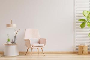 Living room interior wall mockup in warm tones with pink armchair,minimal design.