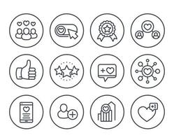 Likes, followers, hearts, rating, reputation line icons on white vector