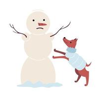 Winter Park, un perro con chaqueta de plumas juega con un muñeco de nieve. el muñeco de nieve estaba asustado y disgustado. Ilustración de vector de invierno en estilo plano para carteles, tarjetas, invitaciones, pancartas, folletos, camisetas