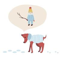 un niño en un paseo invernal juega con un perro. el cachorro busca un bebé con ropa abrigada de invierno siguiendo las huellas en la nieve. ilustración vectorial en estilo plano aislado sobre fondo blanco vector