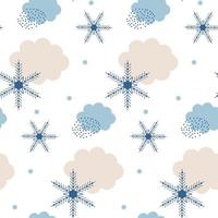 Patrón transparente abstracto de invierno azul y blanco con nubes y copos de nieve. Fondo de invierno de texturas dibujadas a mano de moda. diseño abstracto nevado para papel, tela, decoración de interiores vector