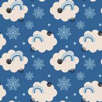 Blue Winter Abstract seamless Pattern with snowflakes, clouds, rainbow. Trendy hand drawn textures Winter-time Background. Snowy Abstractive design for paper, fabric, interior decor, wrapping, textile vector
