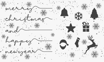 merry christmas and happy new year handwriting with ornaments background. vector