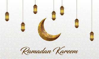 Luna creciente con tarjeta de felicitación de linterna islámica. la celebración del mes de ramadán para los musulmanes. vector