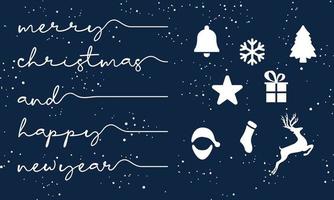 texto feliz navidad y próspero año nuevo con copos de nieve y adornos. vector