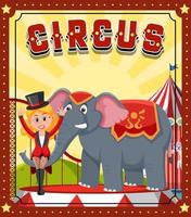 Diseño de banner de circo con niña maga y elefante. vector