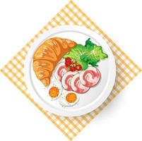 Breakfast croissant with meat and boiled egg on white plate vector