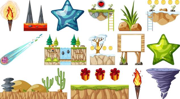 Conjunto de objetos y elementos de juegos espaciales de fantasía aislados vector