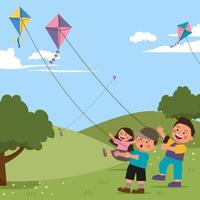 Happy Children Playing Kites in The Park vector