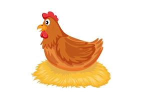 Cartoon hen incubating her eggs on nest of straw. Illustration of a hen sitting in a nest hatching eggs vector