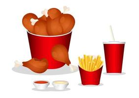 Fast food fried meat. Chicken legs, french fries, ketchup and mayonnaise sauce, soda cup and basket. Vector illustration of fast food fried menu isolated on white background